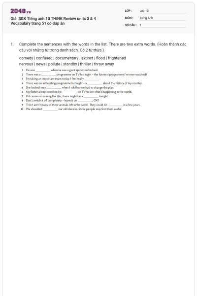 Giải SGK Tiếng anh 10 THiNK Review units 3 & 4 Vocabulary trang 51 có đáp án