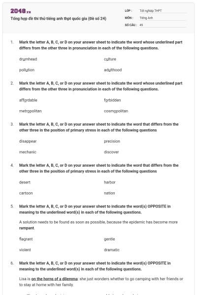 Tổng hợp đề thi thử tiếng anh thpt quốc gia (Đề số 24)
