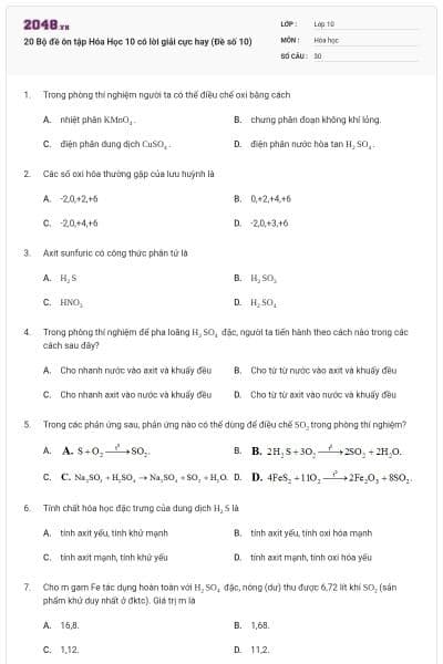 20 Bộ đề ôn tập Hóa Học 10 có lời giải cực hay (Đề số 10)