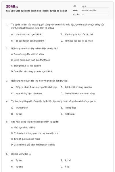 Giải SBT Giáo dục công dân 6 CTST Bài 5: Tự lập có đáp án
