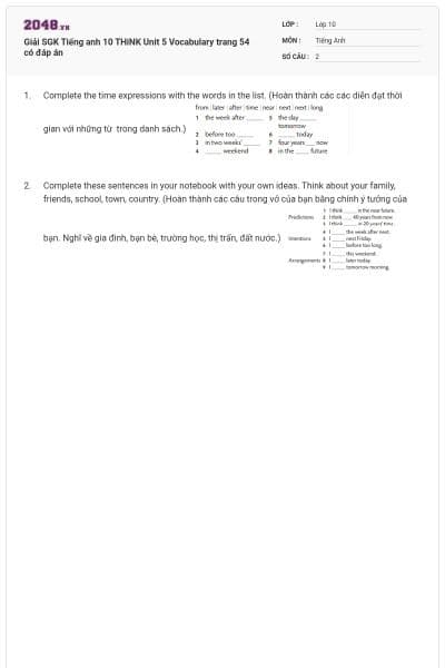 Giải SGK Tiếng anh 10 THiNK Unit 5 Vocabulary trang 54 có đáp án