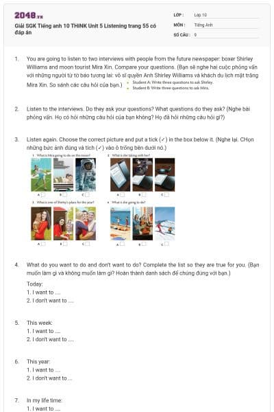 Giải SGK Tiếng anh 10 THiNK Unit 5 Listening trang 55 có đáp án