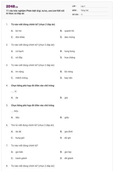 11 câu trắc nghiệm Phân biệt d/gi, iu/ưu, ươc/ươt Kết nối tri thức có đáp án