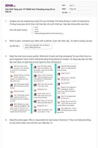 Giải SGK Tiếng anh 10 THiNK Unit 5 Reading trang 56 có đáp án