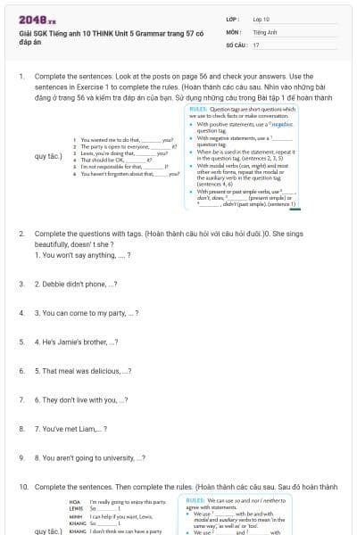 Giải SGK Tiếng anh 10 THiNK Unit 5 Grammar trang 57 có đáp án