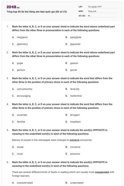 Tổng hợp đề thi thử tiếng anh thpt quốc gia (Đề số 23)