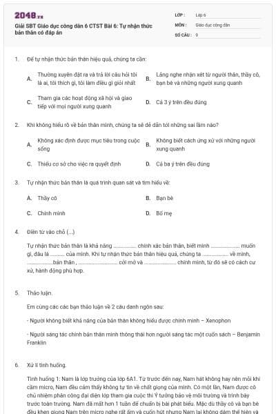 Giải SBT Giáo dục công dân 6 CTST Bài 6: Tự nhận thức bản thân có đáp án