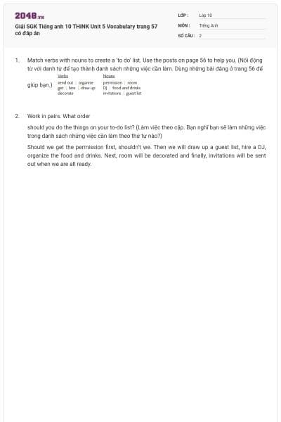 Giải SGK Tiếng anh 10 THiNK Unit 5 Vocabulary trang 57 có đáp án