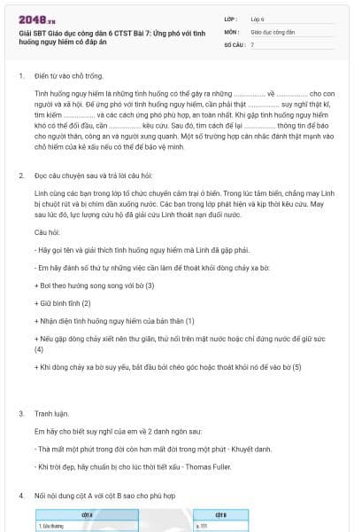 Giải SBT Giáo dục công dân 6 CTST Bài 7: Ứng phó với tình huống nguy hiểm có đáp án