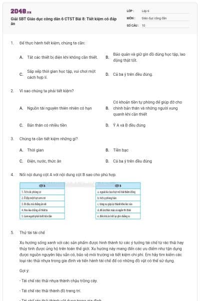 Giải SBT Giáo dục công dân 6 CTST Bài 8: Tiết kiệm có đáp án
