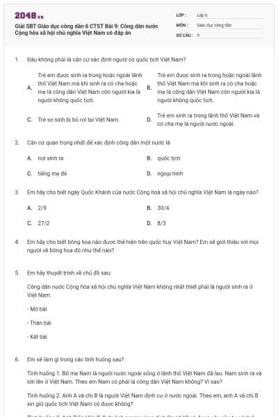 Giải SBT Giáo dục công dân 6 CTST Bài 9: Công dân nước Cộng hòa xã hội chủ nghĩa Việt Nam có đáp án