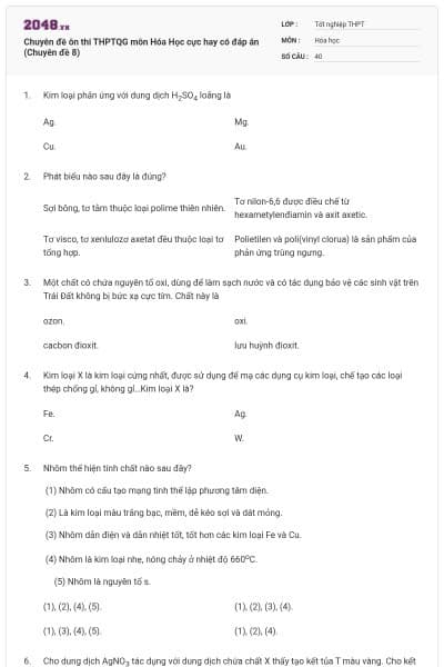Chuyên đề ôn thi THPTQG môn Hóa Học cực hay có đáp án (Chuyên đề 8)