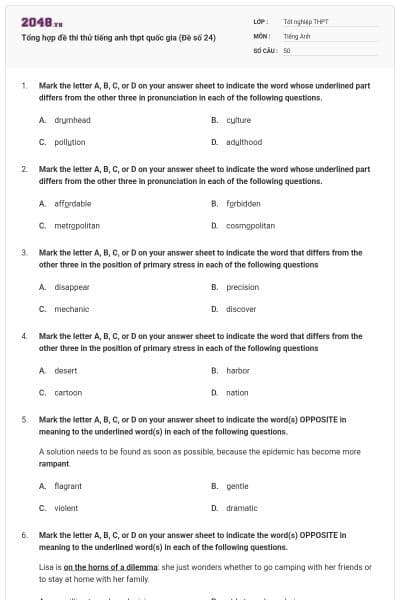 Tổng hợp đề thi thử tiếng anh thpt quốc gia (Đề số 24)