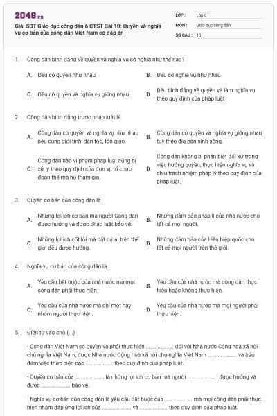 Giải SBT Giáo dục công dân 6 CTST Bài 10: Quyền và nghĩa vụ cơ bản của công dân Việt Nam có đáp án