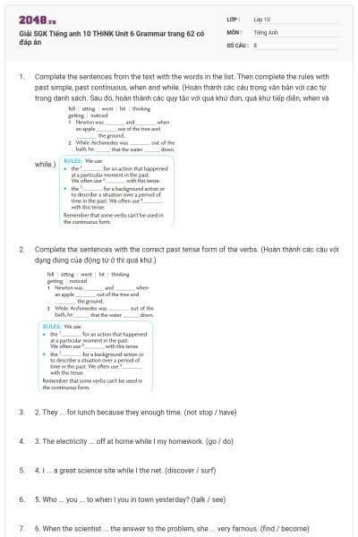 Giải SGK Tiếng anh 10 THiNK Unit 6 Grammar trang 62 có đáp án