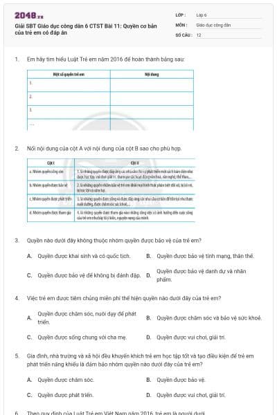 Giải SBT Giáo dục công dân 6 CTST Bài 11: Quyền cơ bản của trẻ em có đáp án