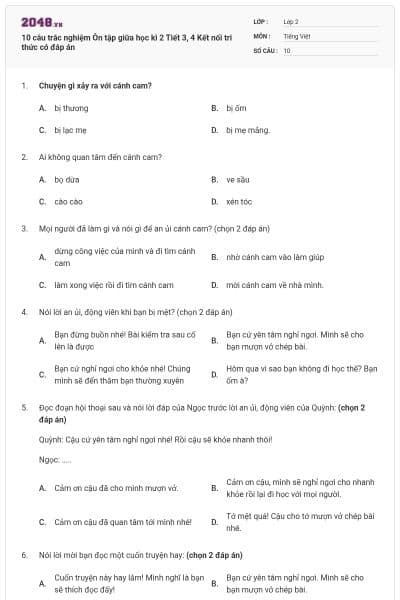 10 câu trắc nghiệm Ôn tập giữa học kì 2 Tiết 3, 4 Kết nối tri thức có đáp án