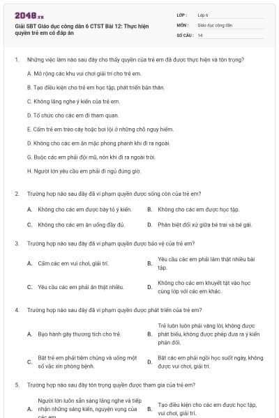 Giải SBT Giáo dục công dân 6 CTST Bài 12: Thực hiện quyền trẻ em có đáp án