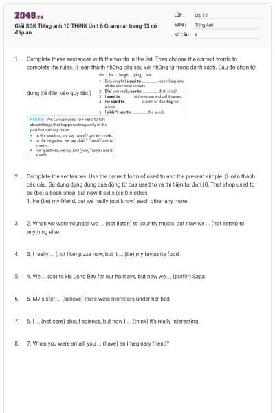 Giải SGK Tiếng anh 10 THiNK Unit 6 Grammar trang 63 có đáp án