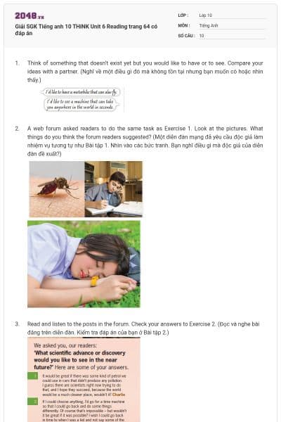 Giải SGK Tiếng anh 10 THiNK Unit 6 Reading trang 64 có đáp án