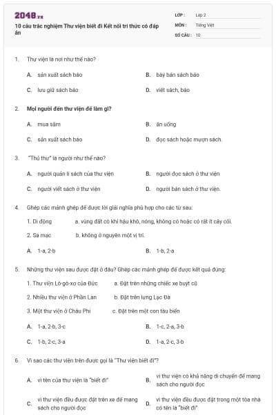 10 câu trắc nghiệm Thư viện biết đi Kết nối tri thức có đáp án