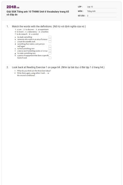 Giải SGK Tiếng anh 10 THiNK Unit 6 Vocabulary trang 65 có đáp án