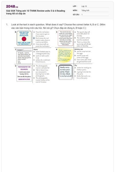 Giải SGK Tiếng anh 10 THiNK Review units 5 & 6 Reading trang 68 có đáp án