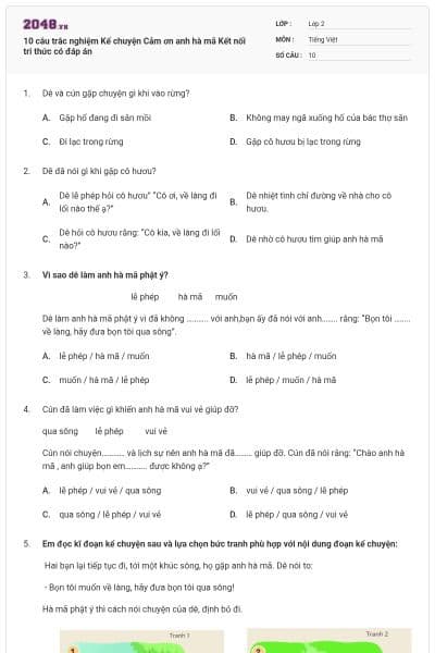 10 câu trắc nghiệm Kể chuyện Cảm ơn anh hà mã Kết nối tri thức có đáp án