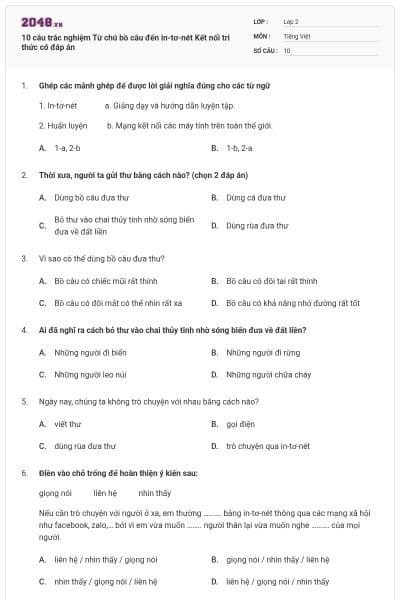 10 câu trắc nghiệm Từ chú bồ câu đến in-tơ-nét Kết nối tri thức có đáp án