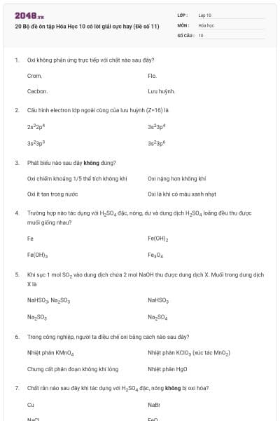 20 Bộ đề ôn tập Hóa Học 10 có lời giải cực hay (Đề số 11)