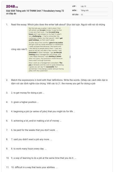 Giải SGK Tiếng anh 10 THiNK Unit 7 Vocabulary trang 72 có đáp án