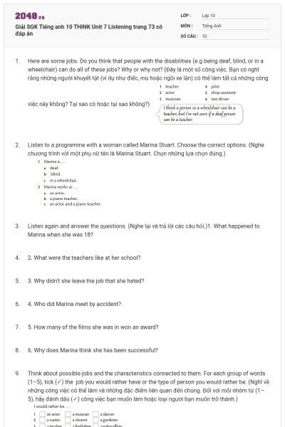 Giải SGK Tiếng anh 10 THiNK Unit 7 Listening trang 73 có đáp án