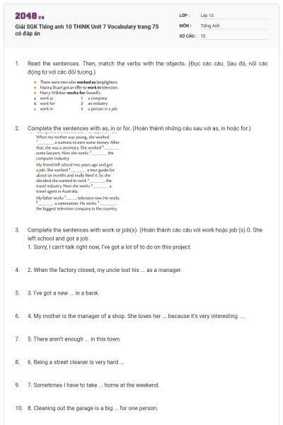 Giải SGK Tiếng anh 10 THiNK Unit 7 Vocabulary trang 75 có đáp án