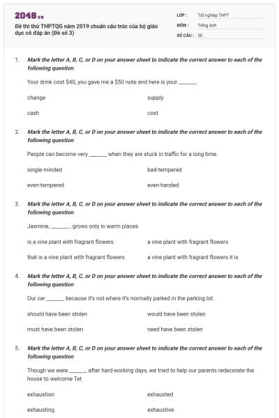 Đề thi thử THPTQG năm 2019 chuẩn cấu trúc của bộ giáo dục có đáp án (Đề số 3)