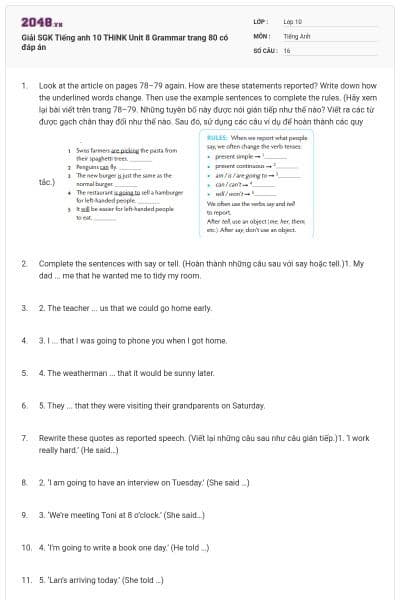 Giải SGK Tiếng anh 10 THiNK Unit 8 Grammar trang 80 có đáp án