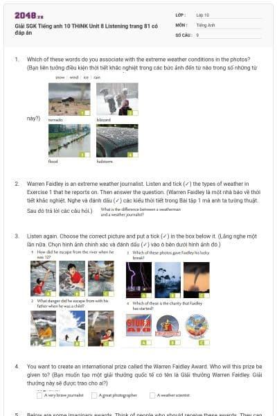 Giải SGK Tiếng anh 10 THiNK Unit 8 Listening trang 81 có đáp án