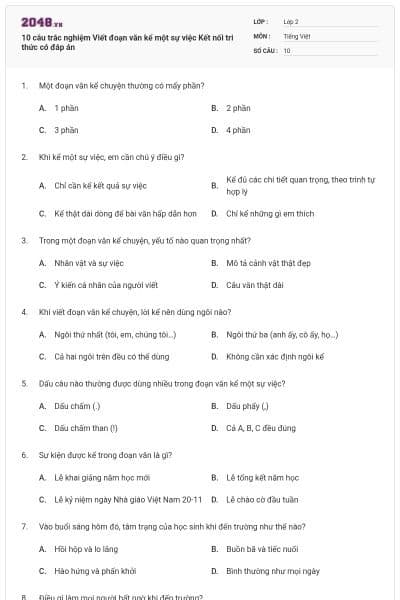 10 câu trắc nghiệm Viết đoạn văn kể một sự việc Kết nối tri thức có đáp án