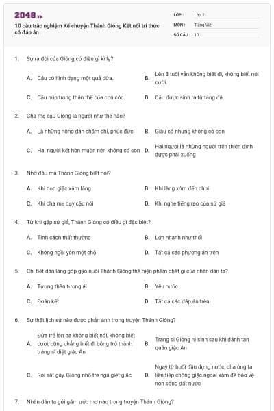 10 câu trắc nghiệm Kể chuyện Thánh Gióng Kết nối tri thức có đáp án