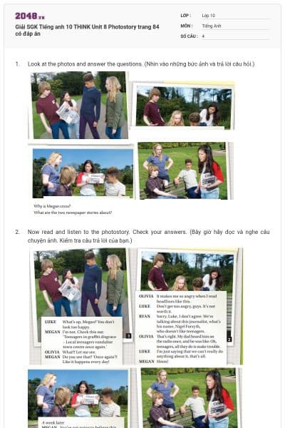 Giải SGK Tiếng anh 10 THiNK Unit 8 Photostory trang 84 có đáp án