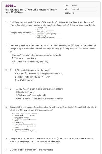 Giải SGK Tiếng anh 10 THiNK Unit 8 Phrases for fluency trang 85 có đáp án