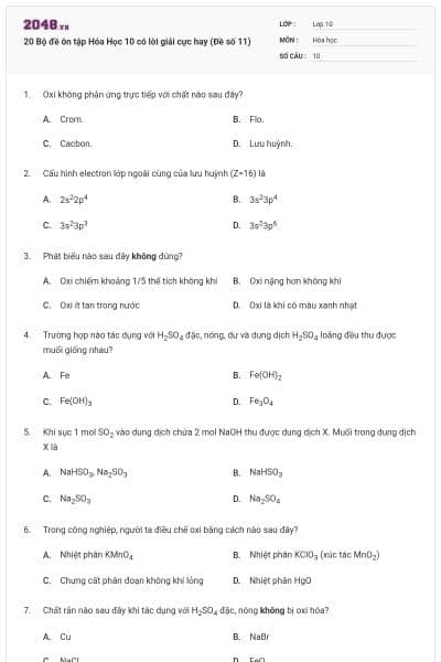 20 Bộ đề ôn tập Hóa Học 10 có lời giải cực hay (Đề số 11)