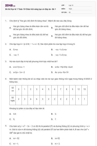 Đề thi Học kì 1 Toán 10 Chân trời sáng tạo có đáp án- Đề 1