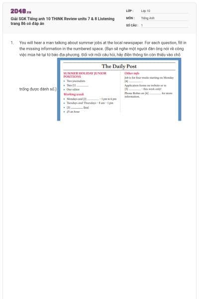 Giải SGK Tiếng anh 10 THiNK Review units 7 & 8 Listening trang 86 có đáp án