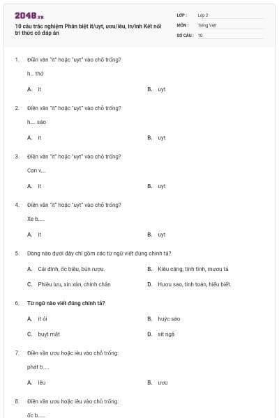 10 câu trắc nghiệm Phân biệt it/uyt, ươu/iêu, in/inh Kết nối tri thức có đáp án
