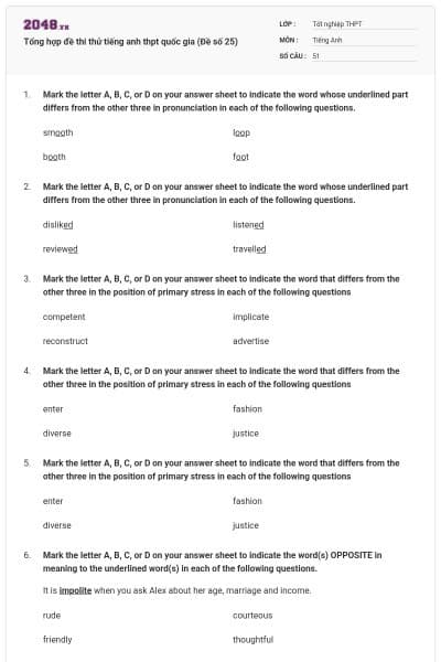 Tổng hợp đề thi thử tiếng anh thpt quốc gia (Đề số 25)