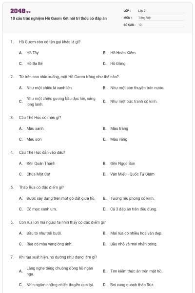 10 câu trắc nghiệm Hồ Gươm Kết nối tri thức có đáp án