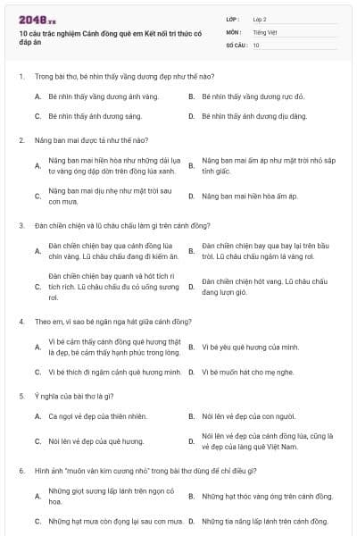 10 câu trắc nghiệm Cánh đồng quê em Kết nối tri thức có đáp án