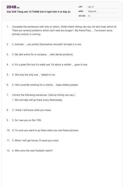 Giải SGK Tiếng anh 10 THiNK Get it right Unit 4 có đáp án