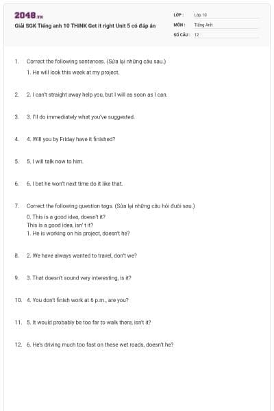 Giải SGK Tiếng anh 10 THiNK Get it right Unit 5 có đáp án