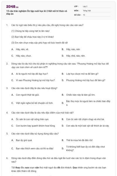 15 câu trắc nghiệm Ôn tập cuối học kì 2 Kết nối tri thức có đáp án